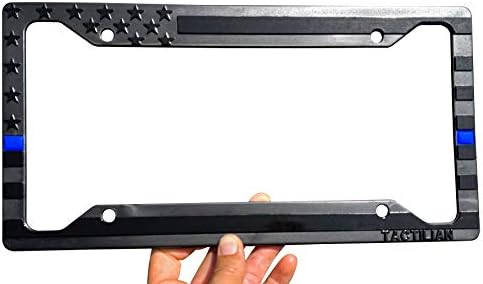 American Flag License Plate Frame - Subdued 3D Embossed USA Flag in Black Gloss on Matte Finish for Car, Truck or SUV (Thin Blue Line)