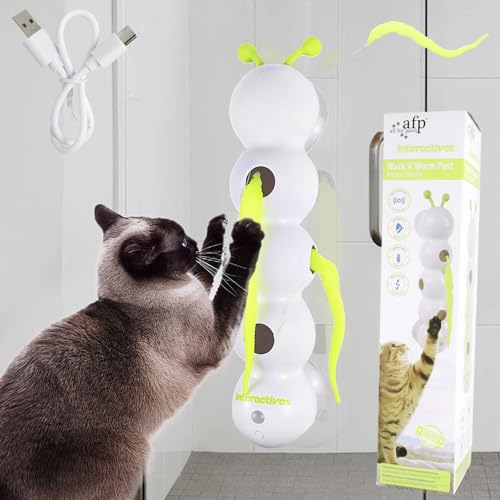 Cat Toys Interactive Feather Caterpillar Cat Toy Automatic Fluffy Tail Teaser with Motion Sensor Cat Worm Toy Suction Cup for Stable Play Reduce Boredom USB Rechargeable Perfect for Indoor Cats