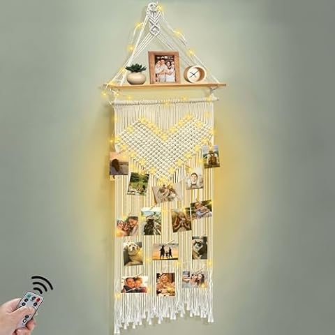 Homecor Macrame Photo Display Hanging Shelf, Boho Wall Room Dorm Bedroom Love Decor, Picture Frame Collage Board with L-Ight 30 Clips, Christmas Teenage Teen Girl Gifts Ages 10 11 12 13 14 Years Old Cover