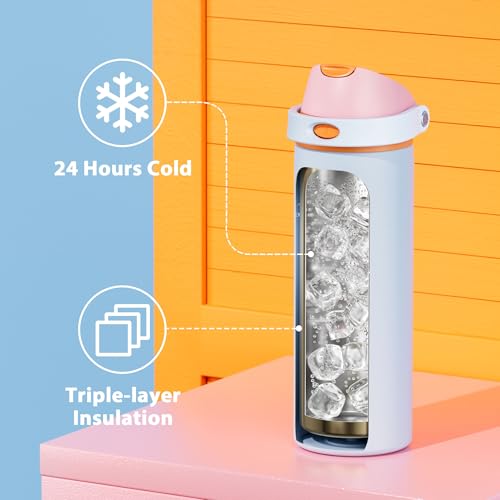 Image of 24 oz Insulated Water Bottle with Straw: Meoky Stainless Steel Metal Water Bottle with 2-in-1 Lid - Leak Proof, Cold for 24 Hours, Fits in Car Cup Holder, BPA-Free for Gym Travel Sports, Periwinkle