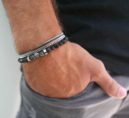Bracelets For Men - Set Of 2 Bracelets For Men - Men's Bracelets - Men's Beaded Bracelet - Set Of Stainless Steel Cuff Chain Layered Bracelet And Gemstone Bracelet - Men's Jewelry #TOP1