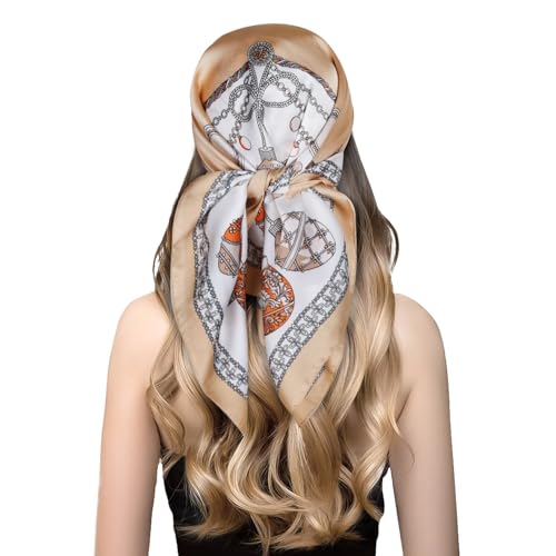 EXTREE Silk Feeling Scarf Medium Square Satin Head Scarf Sleeping Hair Wrapping for Women 27.5 × 27.5 inches Back Horse Frame Blue