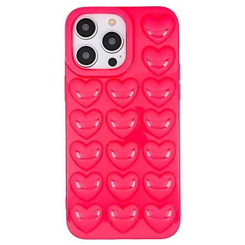 DMaos Funda de gel kawaii compatible con iPhone 15 para mujer, diseño de corazón de burbujas en 3D, bonita y femenina para iPhone 15 de 6.1 pulgadas, color rosa intenso