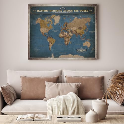 Image of DECORARTS - World Travel Map with Pins, Pin Board Canvas Wall Art, Modern Navy Blue Maps for Wall Decor, Giclee Print on Canvas, Handcrafted in USA, 30x24''