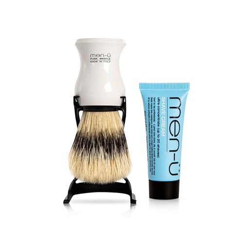 men-u BARBIERE PURE BRISTLE (WHITE) SHAVING BRUSH – Traditional shaving brush set from Italy w/ pure bristles. A great introductory shaving brush. Includes 15ml SHAVE CREAM tube.