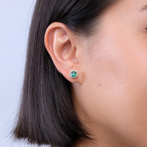 ANGARA Natural Emerald Studs for Women | Cushion Emerald Studs with Diamond Halo in 14K Solid Gold/Platinum | May Birthday, Anniversary, Gemstone Jewellery Gift3