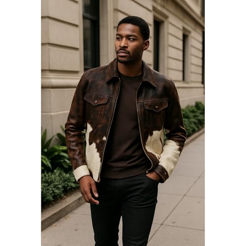 Men's Cowhide Leather Motorcycle Jacket – Western Cow Print Coat