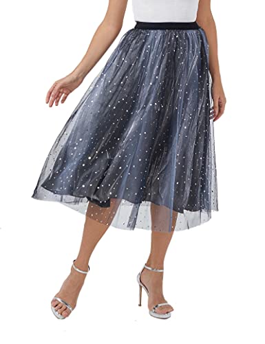 S・DEER Tulle Skirt for Women Midi Sequin Long Flowy Skirt Knee Length Elastic High Waist Cute Homecoming Dress2