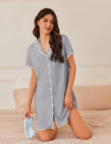 Image of Ekouaer Nightgowns for Women Button Down Sleep Shirt Short Sleeve NightShirts Boyfriend Sleepdress Soft Pajama Dress