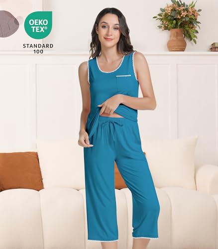 Image of NACHILA Pajamas for Women-Viscose Made from Bamboo, Sleeveless Pjs Tank Top Capri Pants Pajama Sets Cooling Sleepwear