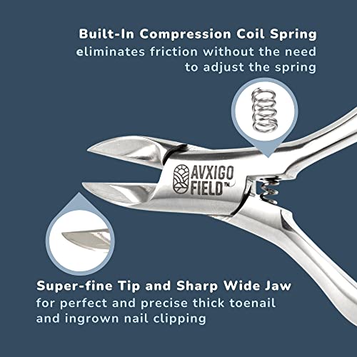 Avxigo Field Professional Ingrown Toenail Clipper For Thick Nails And Seniors - Built-In Compression Coil Spring, Precise Sharp Curved Blade, Surgical Grade Stainless Steel - Microfiber Cloth Included #TOP1
