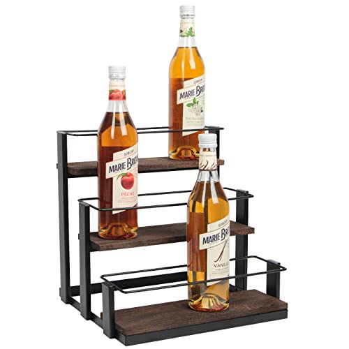 J Jackcube Design 3 Tier Syrup Bottle Storage Rack, Rustic Wood And Metal Wire 12 Bottles Compartment Display Organizer Holder Stand For Syrup, Wine, Dressing - Mk815A #TOP15