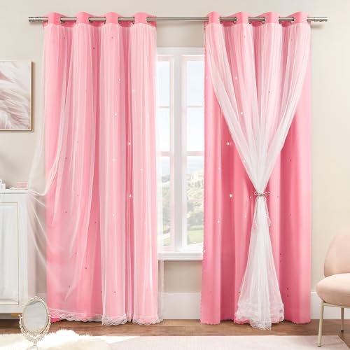 XiDi Pink Curtains for Kids Girls Bedroom 2 Panels Blackout Double Layer Curtains with Sheer 72 Inches Length for Nursery Princess Room Star Cut Out Home Decor Eyelet Window Drapes