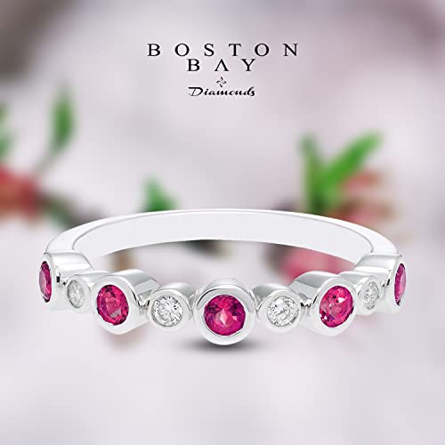 .925 Sterling Silver 1/12 Cttw Diamond-Accented Lab Created Ruby Birthstone 9-Stone Bezel-Set Stacking Ring (I-J Color, I2-I3 Clarity) - Size 7 #TOP4