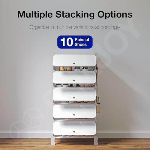 Image of BOXJOY 5 Shelf Shoe Rack Box Organizer with 5 Doors, Strong Magnets & 5 Hook Steel Holder for Home Storage, PP Plastic Cabinets with Metal Door Frame, Chappal Slipper Stand (White Rack, White Door)