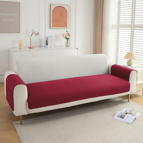 Image of HOKIPO Quilted 1 Seater Sofa Cover Set, One Seat Mat with Two Armrest Covers with Pockets, Maroon (NEW-IN-716+IN-787-MRN*2)