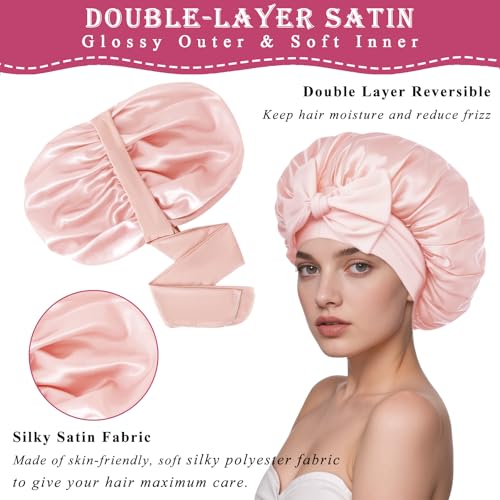 Loomify Satin Schlafhaube, Verstellbare Seidenhaube zum Schlafen, Doppelt Satin Bonnet für Nacht Schlaf, Schlafmütze Seide mit Gummizug für Damen und Mädchen (Rosérosa)