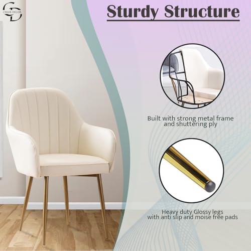 Image of Velvet Accent Chair | Luxury Upholstered Armchair with Sturdy Metal Legs | Modern Comfortable Chair for Living Room, Bedroom, Office, or Cafe (Golden Legs, White Set of 2)