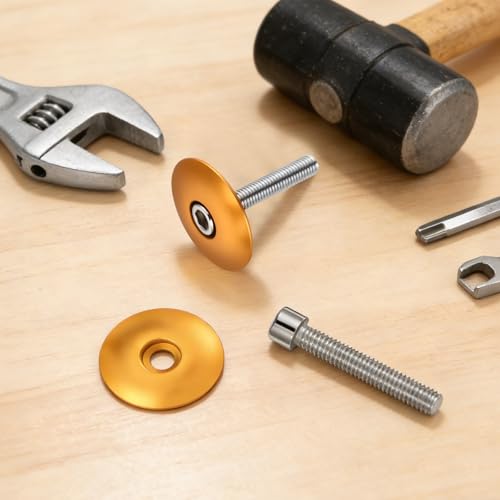 Fyntave 2 Sets Gold Cycling Headset Stem Top Cap 1-1/8 Inch Bike Front Fork Stems Tops Cap with M6x40mm Bolt Aluminium Alloy Bike Top Tube Caps Riding Decoration Cycling Stem Headset Tops Cover