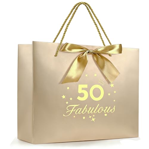 Yiran 50 Fabulous Gift Bags, 50th Birthday Gift Bags with Hands, Champagne Gold Gift Wrapping Paper Bag, 50th Birthday Party Anniversary Decorations