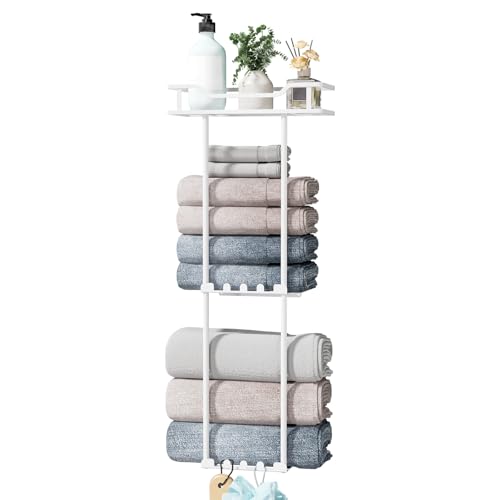 HapiRm Towel Rack Wall Mounted-3 Tier Bathroom Towel Storage with Storage Basket，Stainless Steel Bathroom Towel Holder with 6 Hooks & Shelf, wall rack for Bathroom Storage & Organisation