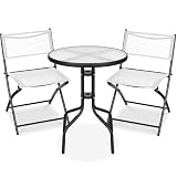 Best Choice Products 3-Piece Patio Bistro Dining Furniture Set w/Textured Glass Tabletop, 2 Steel Folding Chairs, Polyester Fabric - White