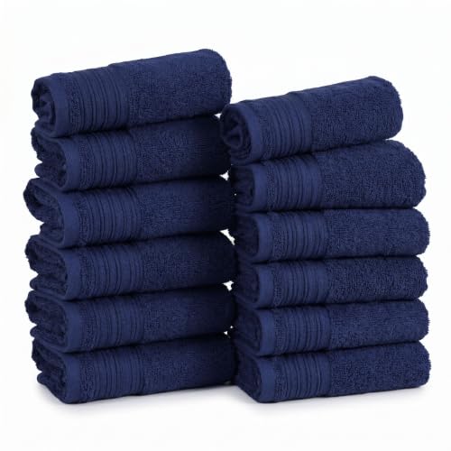 SUPERIOR Cotton Marble Jacquard Quick Dry Towel Set, 12 Piece, Navy Blue Ivory