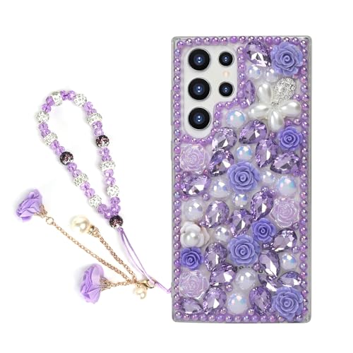 Omorro for Galaxy S24 Ultra Bling Case with Strap, Luxury Glitter Rhinestone Diamond Crystal Sparkle Rose Flower Pearl Floral Bracelets Soft Bumper Protective Case Cover for Women Girls Purple