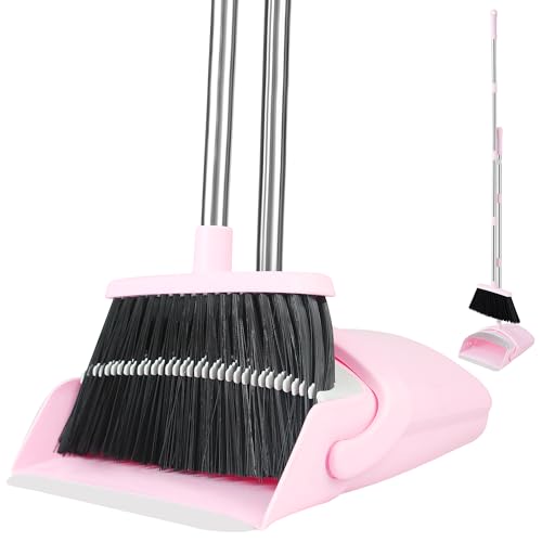 BSKLIN Broom and Dustpan Set for Home, 52" Long Handle Standing Broom Set with Dustpan Self-Cleaning Teeth for Hair Removal Heavy Duty Indoor Outdoor Sweeping Kit for Kitchen Garage (Pink)