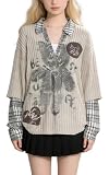 Y2K Oversized Long Sleeve T Shirt Women V Neck Vintage Graphic Layered Look Plaid Sleeve Loose Streetwear Top (Khaki,Medium)