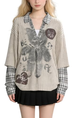 Y2K Oversized Long Sleeve T Shirt Women V Neck Vintage Graphic Layered Look Plaid Sleeve Loose Streetwear Top (Khaki,Medium)