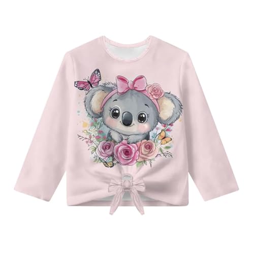 Xhuibop Girls Long Sleeve Graphic Tees Stylish Tie Knot Front Fall T-Shirts for Kids 5-12 Casual Top