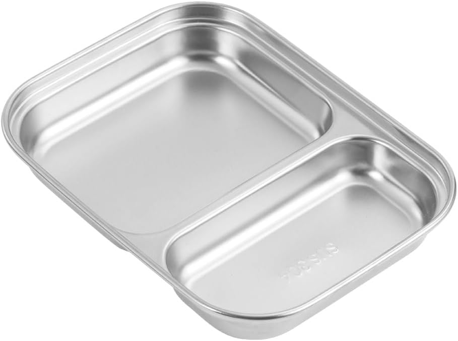 BESTonZON 2 Compartment Food Serving Plate 6.88X5.31 Inch Stainless Steel Divided Tray for Snacks Lunch Personal Gatherings and Home Use