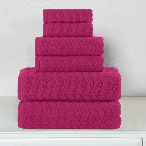 Image of Elegant Comfort Luxury 6-Piece 100% Turkish Cotton Jacquard Braided Textured Premium Hotel Quality Towel Set- Soft and Absorbent, Includes 2 Bath Towels, 2 Hand Towels and 2 Washcloths, Hot Pink