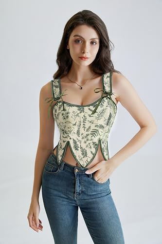 Image of SCARLET DARKNESS Corset Tops for Women Renaissance Costume Floral Lace Up Boned Bustier with Zip