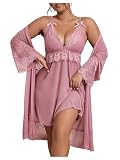 GORGLITTER Women's Plus 2 Piece Robe Pajamas Set Lace Cami Nightgown and Robes Nightwear Dusty Pink 3X-Large