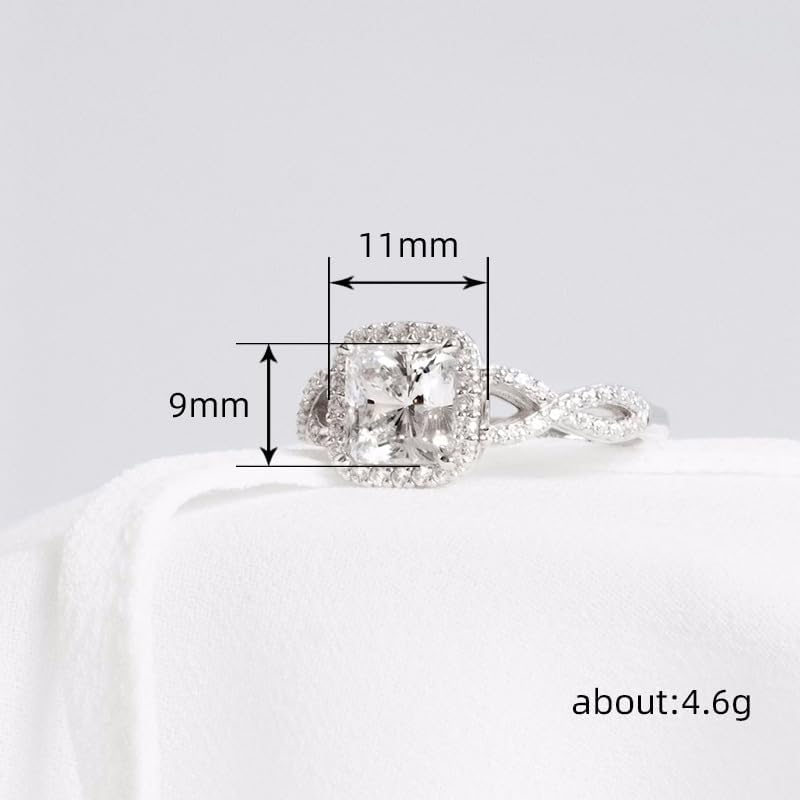18k White Gold Plated Cubic Zirconia Promise Rings for Her, Halo Engagement Rings,Square Wrap Chain Twisted Arm Ring Cocktail Ring Princess Cut Engagement Eternity Ring for Women Size 6-10（7）