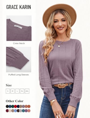 Image of GRACE KARIN Fall Sweaters for Women 2026 Puff Long Sleeve Crewneck Dressy Casual Tops Crochet Hollow Out Cute Pullover Blouse