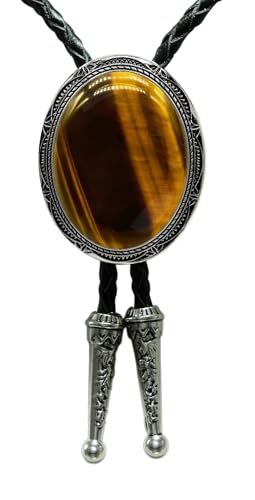 Image of Moranse Bolo Tie with Natural Tiger Eye Stone Celtic Style Genuine and Cowhide Rope