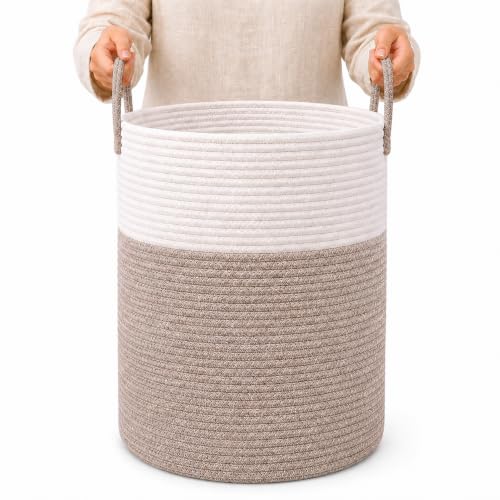 Image of OrganiHaus Tall Cotton Rope Laundry Basket & Hamper, Blanket Storage 52L | Brown / Off-White - Tall Cotton Rope Hamper, 52L