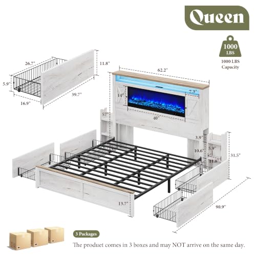 Image of AMERLIFE Queen Fireplace Bed Frame with Storage & Headboard, White
