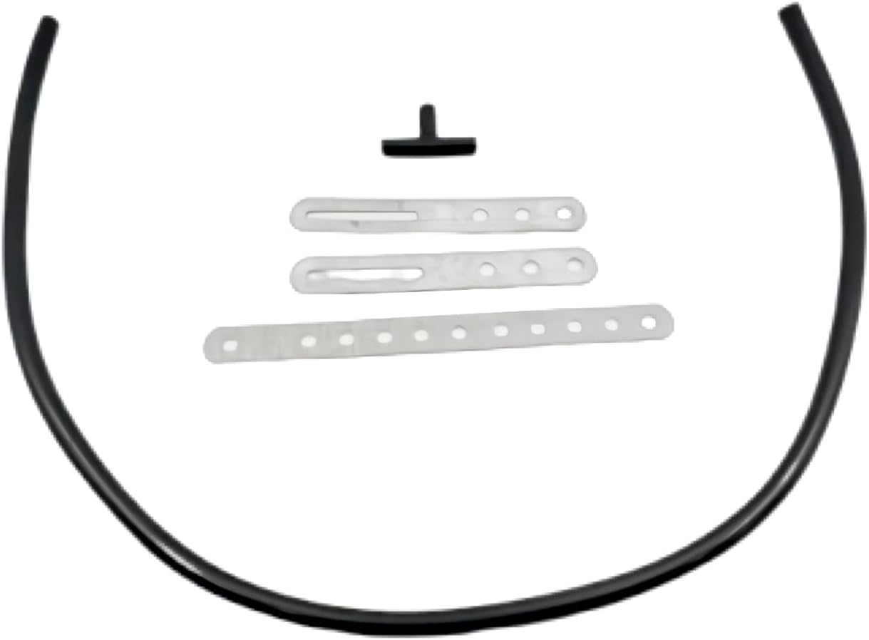 Close-up of the drain hose, T-fitting, and mounting brackets included with the Treeligo A/C Evaporator Cooler.