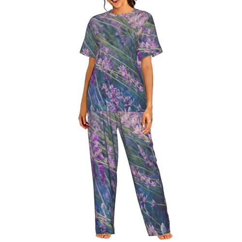 Pyjama court femme imprimé lavande violet vêtement de nuit été léger
