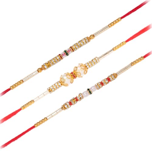 Image of Peora Om Shree Ram Swastik Rakhi for Brother Bhaiya | Crystal & Beads Studded | Red Thread | Raksha Bandhan Hamper with Roli Chawal Greeting Card