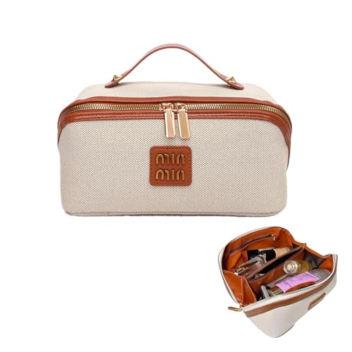 QRZLP Large Capacity Cosmetic Bag, Travel Makeup Bag for Women Portable Open Flat Toiletry Bag Make up Organizer with Divider and Handle, Brown.