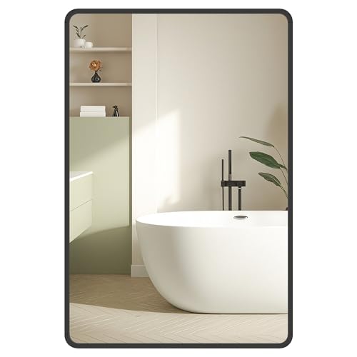 SONGMICS Espejo de Baño, Espejo de Pared, Rectangular, Marco de Aluminio, 91 x 61 cm, Lámina de Seguridad, 2 Opciones de Montaje, para Salón, Dormitorio, Negro Tinta LWM010BD01