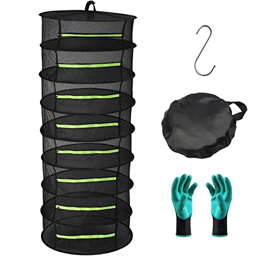 Seropy Herb Drying Rack 8 Layer Collapsible Mesh Hanging Drying Net with Zipper, 2ft Drying Rack with Garden Gloves, Hook, for Drying Seeds, Herb, Bud, Hydroponic Plants (24' x 63')