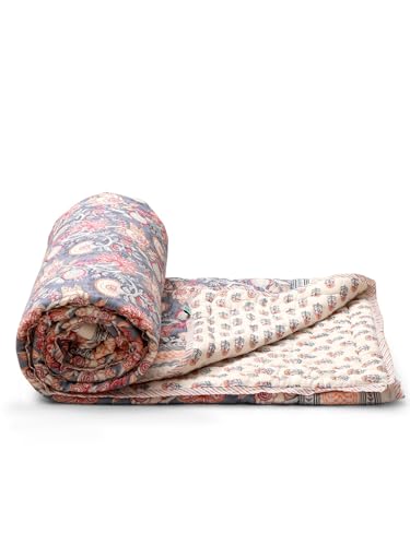 Image of Zuhur Jaipuri Double Bed Comforter | 100% Cotton Reversible AC Comforter Blanket Quilt Razai | Winter Summer All Season Dohar | Skin-Friendly Bedding | Handblock Printed Gift for Home Decor