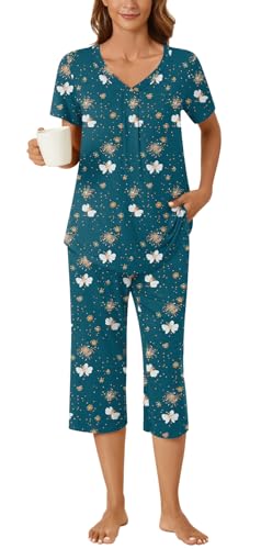 Image of Bestbee Women's Pajama Sets 2 Piece Lounge Outfits Summer Sleepwear V Neck Short Sleeve Capri Pant With Pockets Ladies Pjs