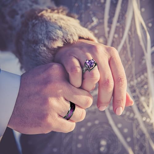 Engraved His & Hers Matching Purple CZ Heart Tungsten Wedding Rings Set, Size 5-133